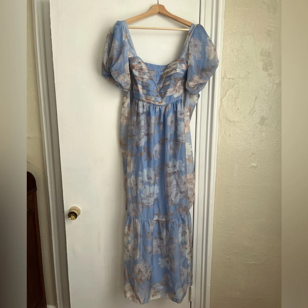 Abercrombie & Fitch Light Blue Floral Puff-Sleeve Maxi Dress